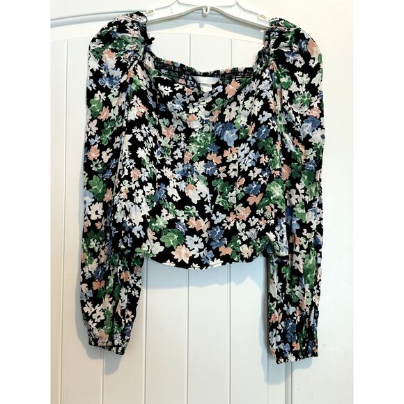 H&M Off the Shoulder Black Floral Crop Top Size XS New with Tag - Picture 1 of 5